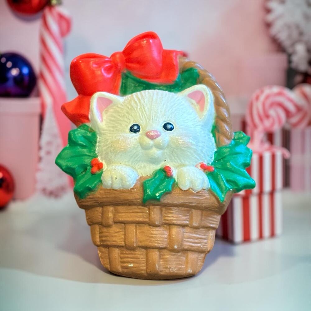 Vintage Hallmark Christmas Cat Brooch Kitty Basket Red Bow Holly Holiday Pin